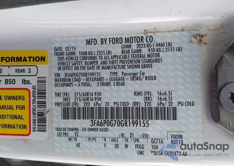 2016 Ford Fusion S from USA, damaged, VIN 3FA6P0G70GR199155